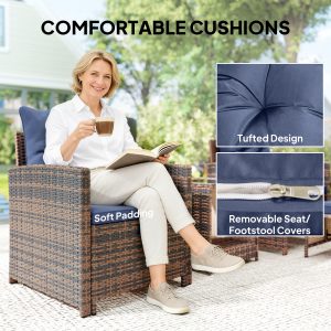 Outsunny 5 Piece Patio Furniture Set, Wicker Patio Chairs with Ottomans, 2-Tier Glass Coffee Table and Cushions, Brown/Dark Blue - Image 7