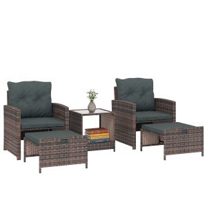 Outsunny 5 Piece Patio Furniture Set, Wicker Patio Chairs with Ottomans, 2-Tier Glass Coffee Table and Cushions, Brown/Dark Grey - Image 11