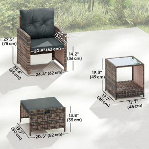 Outsunny 5 Piece Patio Furniture Set, Wicker Patio Chairs with Ottomans, 2-Tier Glass Coffee Table and Cushions, Brown/Dark Grey - Image 3