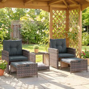 Outsunny 5 Piece Patio Furniture Set, Wicker Patio Chairs with Ottomans, 2-Tier Glass Coffee Table and Cushions, Brown/Dark Grey - Image 1