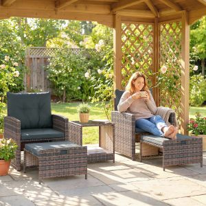 Outsunny 5 Piece Patio Furniture Set, Wicker Patio Chairs with Ottomans, 2-Tier Glass Coffee Table and Cushions, Brown/Dark Grey - Image 1