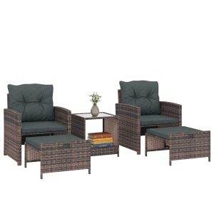 Outsunny 5 Piece Patio Furniture Set, Wicker Patio Chairs with Ottomans, 2-Tier Glass Coffee Table and Cushions, Brown/Dark Grey - Image 31