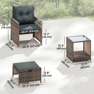 Outsunny 5 Piece Patio Furniture Set, Wicker Patio Chairs with Ottomans, 2-Tier Glass Coffee Table and Cushions, Brown/Dark Grey - Image 23
