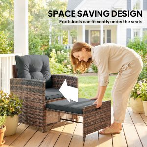 Outsunny 5 Piece Patio Furniture Set, Wicker Patio Chairs with Ottomans, 2-Tier Glass Coffee Table and Cushions, Brown/Dark Grey - Image 24