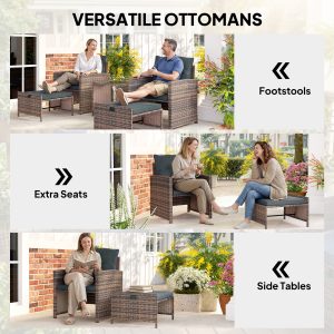 Outsunny 5 Piece Patio Furniture Set, Wicker Patio Chairs with Ottomans, 2-Tier Glass Coffee Table and Cushions, Brown/Dark Grey - Image 15