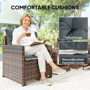 Outsunny 5 Piece Patio Furniture Set, Wicker Patio Chairs with Ottomans, 2-Tier Glass Coffee Table and Cushions, Brown/Dark Grey - Image 17