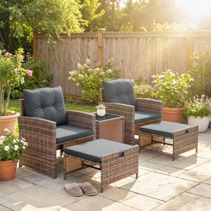 Outsunny 5 Piece Patio Furniture Set, Wicker Patio Chairs with Ottomans, 2-Tier Glass Coffee Table and Cushions, Brown/Dark Grey - Image 28