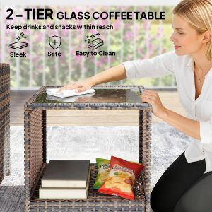 Outsunny 5 Piece Patio Furniture Set, Wicker Patio Chairs with Ottomans, 2-Tier Glass Coffee Table and Cushions, Brown/Dark Grey - Image 19