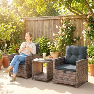 Outsunny 5 Piece Patio Furniture Set, Wicker Patio Chairs with Ottomans, 2-Tier Glass Coffee Table and Cushions, Brown/Dark Grey - Image 30