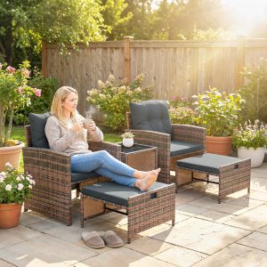 Outsunny 5 Piece Patio Furniture Set, Wicker Patio Chairs with Ottomans, 2-Tier Glass Coffee Table and Cushions, Brown/Dark Grey - Image 8