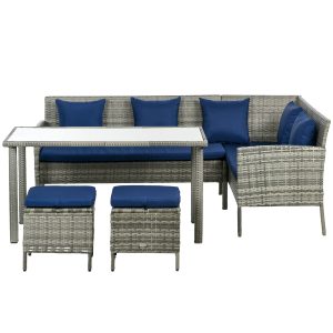 Outsunny 5 Pieces Wicker Patio Conversation Dining Furniture Set with Cushions, Table and Ottomans, Navy Blue - Image 2