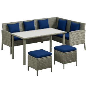 Outsunny 5 Pieces Wicker Patio Conversation Dining Furniture Set with Cushions, Table and Ottomans, Navy Blue - Image 11