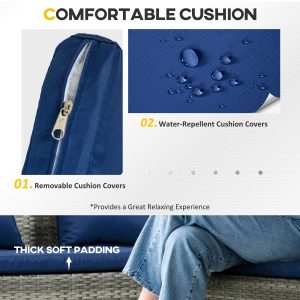 Outsunny 5 Pieces Wicker Patio Conversation Dining Furniture Set with Cushions, Table and Ottomans, Navy Blue - Image 5