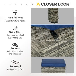 Outsunny 5 Pieces Wicker Patio Conversation Dining Furniture Set with Cushions, Table and Ottomans, Navy Blue - Image 7