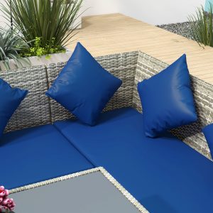 Outsunny 5 Pieces Wicker Patio Conversation Dining Furniture Set with Cushions, Table and Ottomans, Navy Blue - Image 9
