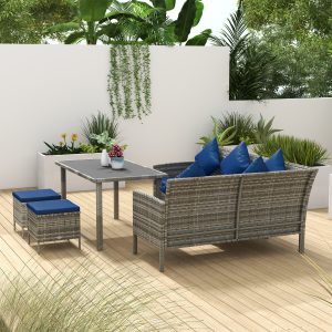 Outsunny 5 Pieces Wicker Patio Conversation Dining Furniture Set with Cushions, Table and Ottomans, Navy Blue - Image 10