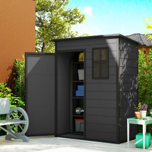 Outsunny 5 x 3FT Garden Shed with Floor, Outdoor Storage Shed with Lockable Door, Window and Vent for Backyard, Patio, Dark Grey - Image 1