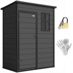 Outsunny 5 x 3FT Garden Shed with Floor, Outdoor Storage Shed with Lockable Door, Window and Vent for Backyard, Patio, Dark Grey - Image 11
