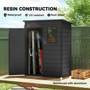 Outsunny 5 x 3FT Garden Shed with Floor, Outdoor Storage Shed with Lockable Door, Window and Vent for Backyard, Patio, Dark Grey - Image 4