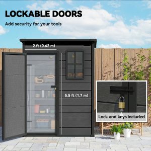 Outsunny 5 x 3FT Garden Shed with Floor, Outdoor Storage Shed with Lockable Door, Window and Vent for Backyard, Patio, Dark Grey - Image 6