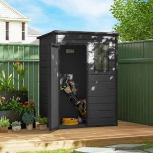 Outsunny 5 x 3FT Garden Shed with Floor, Outdoor Storage Shed with Lockable Door, Window and Vent for Backyard, Patio, Dark Grey - Image 8