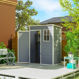 Outsunny 5 x 3FT Garden Shed with Floor, Outdoor Storage Shed with Lockable Door, Window and Vent for Backyard, Patio, Grey - Image 1
