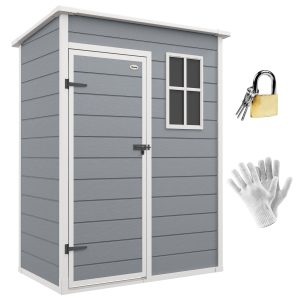 Outsunny 5 x 3FT Garden Shed with Floor, Outdoor Storage Shed with Lockable Door, Window and Vent for Backyard, Patio, Grey - Image 11