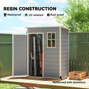 Outsunny 5 x 3FT Garden Shed with Floor, Outdoor Storage Shed with Lockable Door, Window and Vent for Backyard, Patio, Grey - Image 5