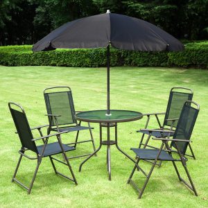 Outsunny 6 Pieces Outdoor Dining Set for 4 with Umbrella Patio Outdoor Furniture Set with Round Table 4 Folding Chairs Black - Image 1