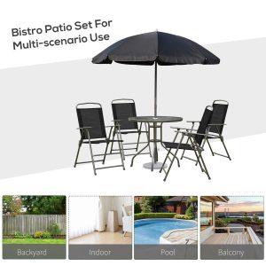 Outsunny 6 Pieces Outdoor Dining Set for 4 with Umbrella Patio Outdoor Furniture Set with Round Table 4 Folding Chairs Black - Image 6