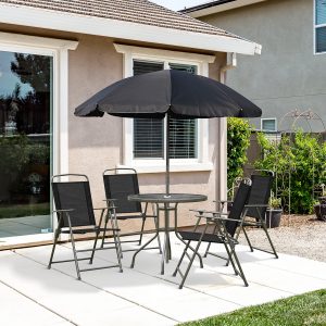 Outsunny 6 Pieces Outdoor Dining Set for 4 with Umbrella Patio Outdoor Furniture Set with Round Table 4 Folding Chairs Black - Image 8