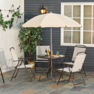 Outsunny 6 Pieces Outdoor Dining Set for 4 with Umbrella Patio Outdoor Furniture Set with Round Table 4 Folding Chairs Cream - Image 1