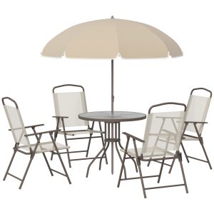 Outsunny 6 Pieces Outdoor Dining Set for 4 with Umbrella Patio Outdoor Furniture Set with Round Table 4 Folding Chairs Cream - Image 2