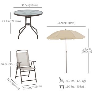 Outsunny 6 Pieces Outdoor Dining Set for 4 with Umbrella Patio Outdoor Furniture Set with Round Table 4 Folding Chairs Cream - Image 3