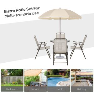 Outsunny 6 Pieces Outdoor Dining Set for 4 with Umbrella Patio Outdoor Furniture Set with Round Table 4 Folding Chairs Cream - Image 7