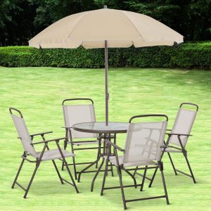 Outsunny 6 Pieces Outdoor Dining Set for 4 with Umbrella Patio Outdoor Furniture Set with Round Table 4 Folding Chairs Cream - Image 8