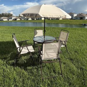 Outsunny 6 Pieces Outdoor Dining Set for 4 with Umbrella Patio Outdoor Furniture Set with Round Table 4 Folding Chairs Cream - Image 10
