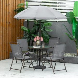 Outsunny 6 Pieces Outdoor Dining Set for 4 with Umbrella Patio Outdoor Furniture Set with Round Table 4 Folding Chairs Grey - Image 1