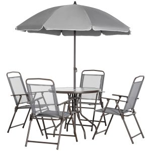 Outsunny 6 Pieces Outdoor Dining Set for 4 with Umbrella Patio Outdoor Furniture Set with Round Table 4 Folding Chairs Grey - Image 2