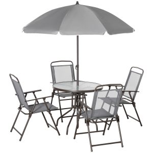 Outsunny 6 Pieces Outdoor Dining Set for 4 with Umbrella Patio Outdoor Furniture Set with Round Table 4 Folding Chairs Grey - Image 11