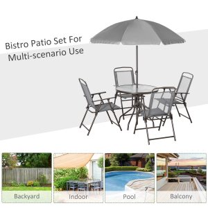 Outsunny 6 Pieces Outdoor Dining Set for 4 with Umbrella Patio Outdoor Furniture Set with Round Table 4 Folding Chairs Grey - Image 7