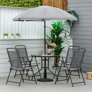 Outsunny 6 Pieces Outdoor Dining Set for 4 with Umbrella Patio Outdoor Furniture Set with Round Table 4 Folding Chairs Grey - Image 8