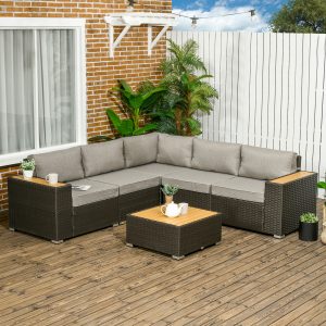 Outsunny 6 Pieces Outdoor Rattan Patio Furniture Set with Corner Sofa, Wood-Plastic Coffee Table, Light Grey - Image 1
