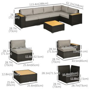 Outsunny 6 Pieces Outdoor Rattan Patio Furniture Set with Corner Sofa, Wood-Plastic Coffee Table, Light Grey - Image 3
