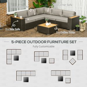 Outsunny 6 Pieces Outdoor Rattan Patio Furniture Set with Corner Sofa, Wood-Plastic Coffee Table, Light Grey - Image 4