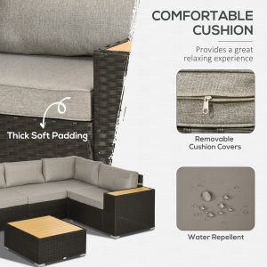 Outsunny 6 Pieces Outdoor Rattan Patio Furniture Set with Corner Sofa, Wood-Plastic Coffee Table, Light Grey - Image 6