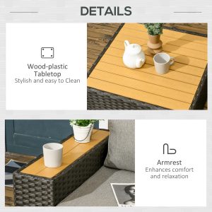 Outsunny 6 Pieces Outdoor Rattan Patio Furniture Set with Corner Sofa, Wood-Plastic Coffee Table, Light Grey - Image 7