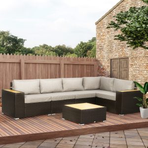 Outsunny 6 Pieces Outdoor Rattan Patio Furniture Set with Corner Sofa, Wood-Plastic Coffee Table, Light Grey - Image 8