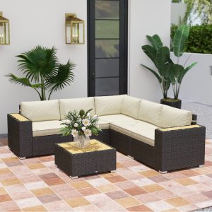 Outsunny 6 Pieces Outdoor Rattan Patio Furniture Set with Corner Sofa, Wood-Plastic Coffee Table, Light Khaki - Image 1