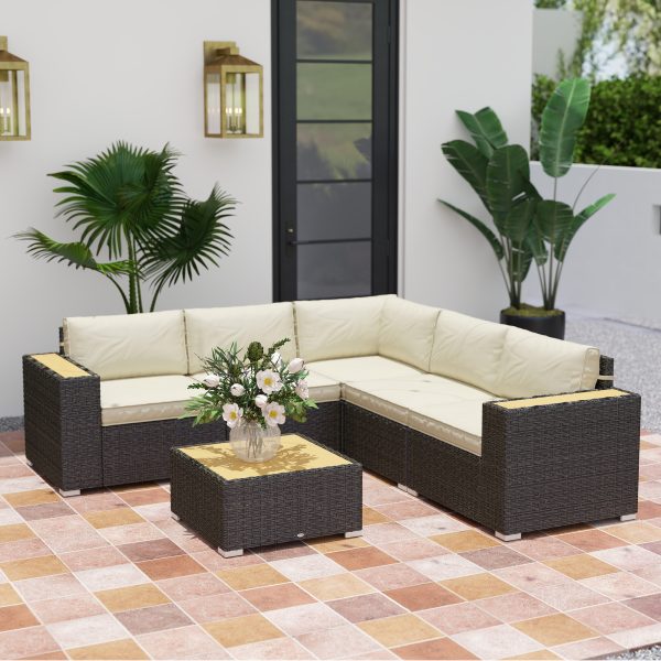 Outsunny 6 Pieces Outdoor Rattan Patio Furniture Set with Corner Sofa, Wood-Plastic Coffee Table, Light Khaki - Image 1